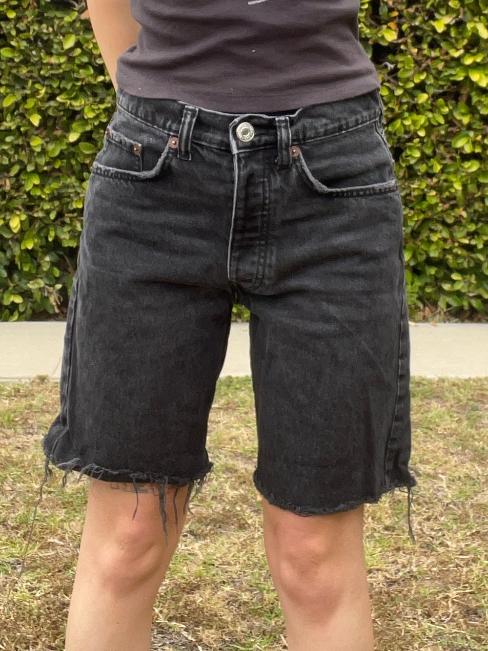 Zara Wide Leg Long Shorts High Waisted Cutoff Stone Wash Black